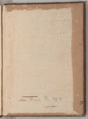 Buchdeckel, hinterer, Innenseite : Buchdeckel, hinterer, Innenseite mit Signatur alter und neuer (gültiger) Signatur: "Archit. 275" (Bleistift, durchgestrichen), darüber: "Msc. Dresd. R 19m" (Bleistift). Bleistift/Papier & Leder. 45,3 x 33,5 cm.