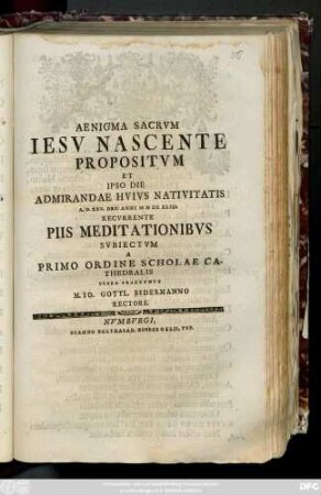 Aenigma Sacrum Iesv Nascente Propositvm Et Ipso Die Admirandae Hvivs Nativitatis A. D. XXV. Dec. Anni MDCCXLIII. Recvrrente Piis Meditationibvs Svbiectvm