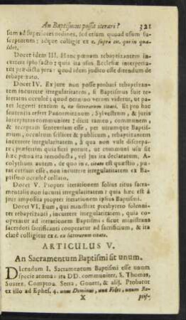 Articulus V. An Sacramentum Baptismi sit unum.