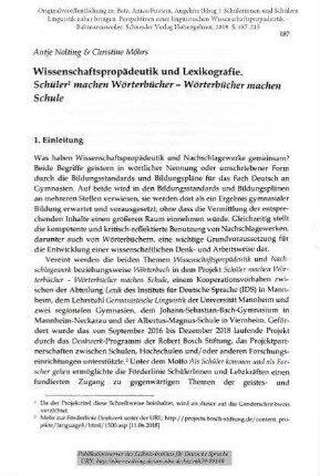 Wissenschaftspropädeutik und Lexikografie. Schüler machen Wörterbücher – Wörterbücher machen Schule