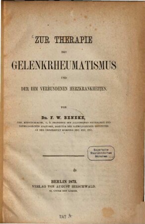 Zur Therapie des Gelenkrheumatismus und der ihm verbundenen Herzkrankheiten
