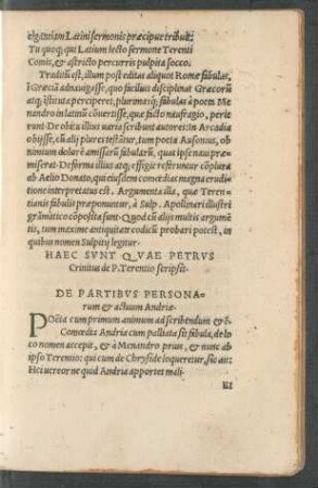 Haec Sunt Quae Petrus Crinitus de P. Terentio scripsit. De Partibus Personarum et actuum Andriae.