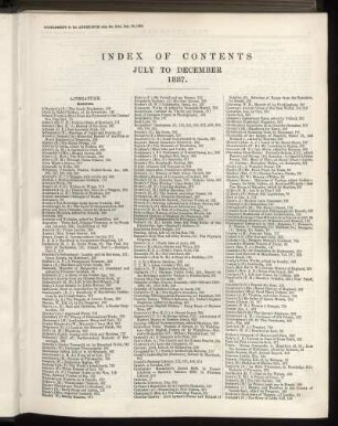 INDEX OF CONTENTS JULY TO DECEMBER 1887.