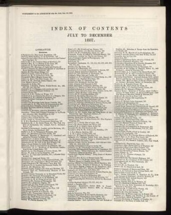 INDEX OF CONTENTS JULY TO DECEMBER 1887.