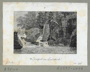 Wasserfall im Liebethaler Grund bei Lohmen in der Sächsischen Schweiz, aus Brückners Pitoreskischen Reisen um 1800