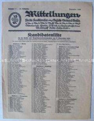 Mitteilungsblatt für SPD-Funktionäre des Bezirksverbandes Berlin mit der Kandidatenliste für die Wahl der Stadtverordnetenversammlung 1929