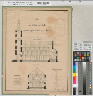 Herdecke (Herdecke) ev. Kirche Entwurf Längs- und Querschnitt 1843 50 Fuß = 9,35 cm 49 x 37 Zeichnung Althof