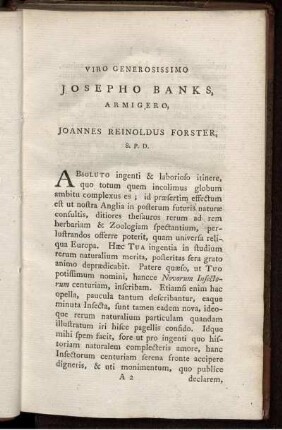 Viro Generosissimo Josepho Banks, Armigero,