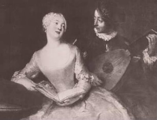 Musizierendes Paar : Pesne, Antoine: Musizierendes Paar (Dame mit Notenbuch und Kavalier, die Laute spielend). Um 1740/1745. Öl auf Leinwand; 89,5 x 115 cm. Kanada: Privatbesitz