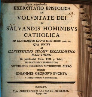 Exercitatio Epistolica De Volvntate Dei In Salvandis Hominibvs Catholica : Ad Illvstrandvm Locvm Ezech. XXXIII. com. 11.