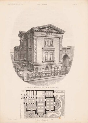 Villa Welz, Breslau: Grundriss mit Garten, Perspektivische Ansicht (aus: Architektonisches Skizzenbuch, H. 114/3, 1872)
