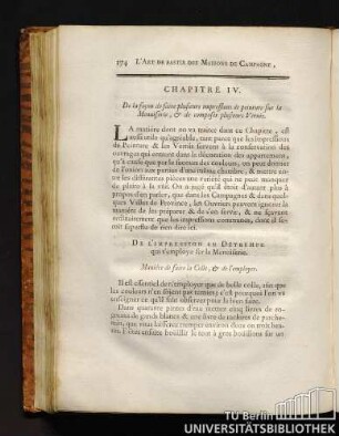 Chapitre IV. De la facon de faire plusieurs impressions de peinture sur la Menuiserie, & de composer plusieurs Vernis.