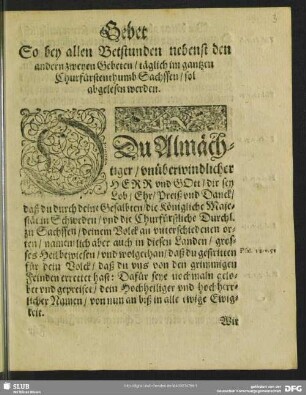 Gebet so bey allen Betstunden nebenst den andern zweyen Gebeten, täglich im gantzen Churfürstenthumb Sachssen, sol abgelesen werden