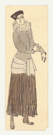 Figurine : Weibliche Figurine mit knöchallangem Faltenrock, enger hüftlanger Jacke Schärpe um die Hüften gelegt, spanische Halskrause, Hut, Pumps