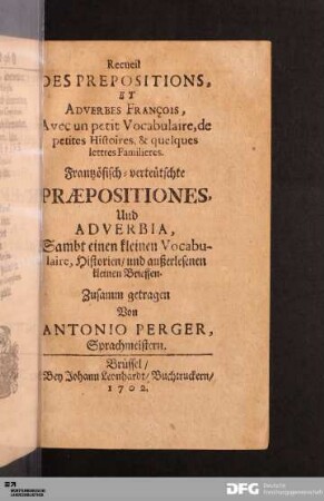 Recueil Des Prépositions, Et Adverbes François : Avec Un Petit Vocabulaire, de petites Histoires & quelques lettres Familières