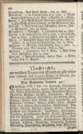 Nachricht, an welchen Tagen und Stunden alle ordinäre fahrende und reitende Posten in Herzogl. Residenzstadt Gotha ankommen.