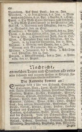 Nachricht, an welchen Tagen und Stunden alle ordinäre fahrende und reitende Posten in Herzogl. Residenzstadt Gotha ankommen.