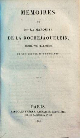 Mémoires de Madame la Marquise de la Rochjaquelin
