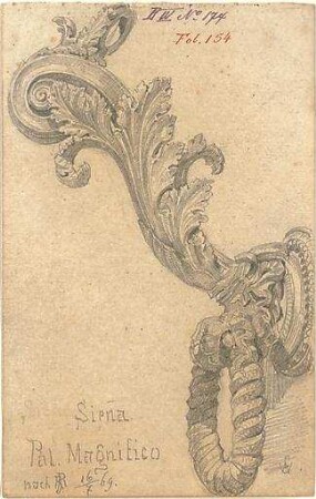 Walther, Conradin; u. a. Deutschland; Italien; Sammlung Conradin Walther: Band IV, Nr. 143 - 188 (fol. 125 - 168) - Türklopfer aus dem Palazzo del Magnifico in Siena (Perspektive)