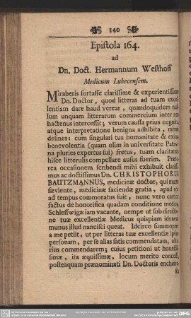 Epistola 164. ad Dn. Doct. Hermannum Westhoff Medicum Lubecensem