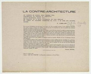 La Contre-Architecture. Paris. Flugblatt mit Texten von Friedrich Kiesler und Maurice Raynal