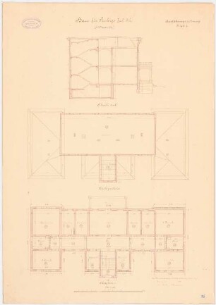 Provinzial-Irrenanstalt, Conradstein Haus für Ruhige I. und II. Klasse - Männerseite: Grundriss Obergeschoss, Dachgeschoss, Querschnitt 1:100