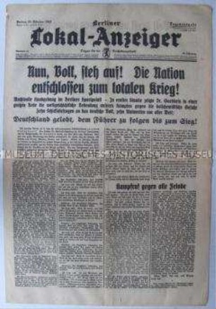Tageszeitung "Berliner Lokal-Anzeiger" zu einer Kundgebung mit Goebbels im Berliner Sport-Palast
