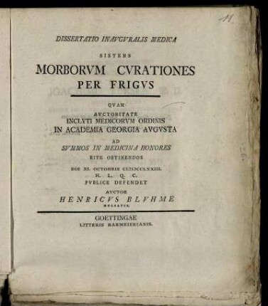 Dissertatio Inauguralis Medica Sistens Morborum Curationes Per Frigus