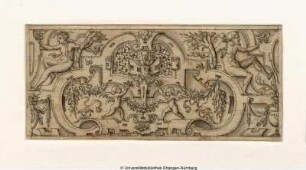 Querfüllung mit einer Herme und zwei Putten mit Blumensträußen, in Barockvoluten von Kleeblattform