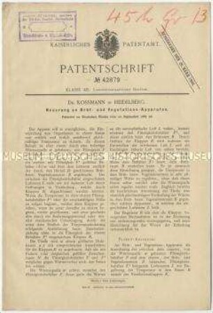 Patentschrift einer Neuerung an Brüt- und Vegetations-Apparaten, Patent-Nr. 42879