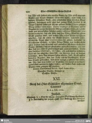 XXI. Receß des Ober-Sächsischen allgemeinen Crays-Convents, d. d. 5. Feb. 1620