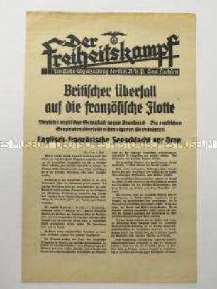 Nachrichtenblatt der sächsischen NSDAP-Zeitung "Der Freiheitskampf" über die englische Bombardierung der französischen Flotte vor der Hafenstadt Oran