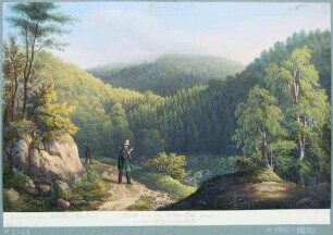 Tharandter Wald, Blick von dem Aussichtpunkt "Stille Liebe" in das Weißeritztal, im Vordergrund zwei Jäger