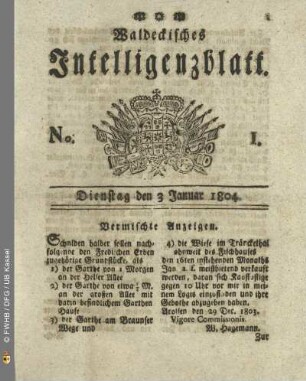 No. 1. Dienstag den 3 Januar 1804