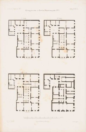 Wohngebäude Wilhelmplatz 5, Berlin: Grundriss Keller, EG, 1.OG, 2.OG (aus: Atlas zur Zeitschrift für Bauwesen, hrsg. v. G. Erbkam, Jg. 12, 1862)