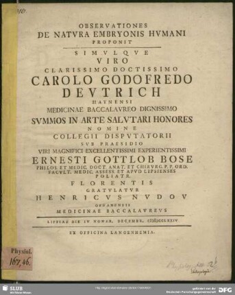 Observationes De Natura Embryonis Humani Proponit : Lipsiae Die IV Nonar. Decembr. MDCCLXXIV