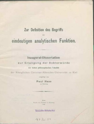 Zur Definition des Begriffs der eindeutigen analytischen Funktion