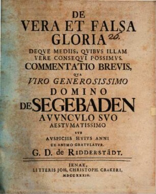 De vera et falsa gloria deque mediis, quibus illam vere consequi possimus