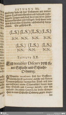 Titulus XX. Ein notabler Discurs von einer Schlacht und Schlacht-Ordnung
