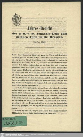 1847/48: Jahresbericht der Loge Zum Goldenen Apfel im Orient Dresden : auf die Zeit ..