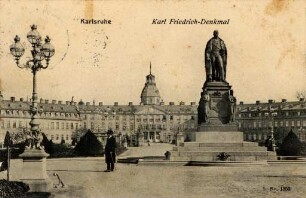 Postkartenalbum mit Motiven von Karlsruhe. "Karlsruhe. Karl-Friedrich-Denkmal". Schloss mit Schlossplatz und Denkmal für Großherzog Karl Friedrich