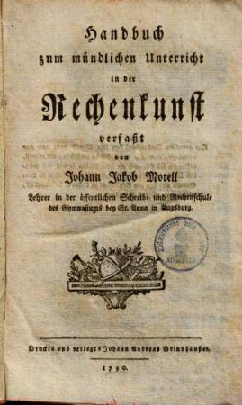 Handbuch zum mündlichen Unterricht in der Rechenkunst