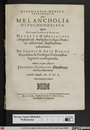 Disputatio Medica Inauguralis, De Melancholia Hypochondriaca