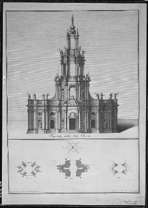 Entwurf der Fassade Ostseite und Grundrisse der Turmgeschosse