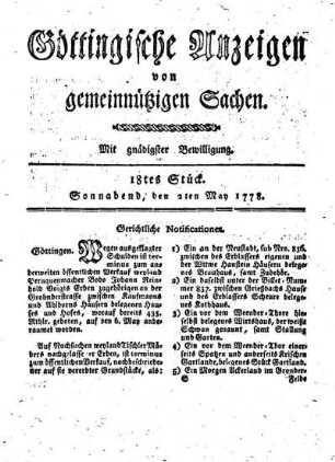 18tes Stück. Sonnabend, den 2ten May 1778.