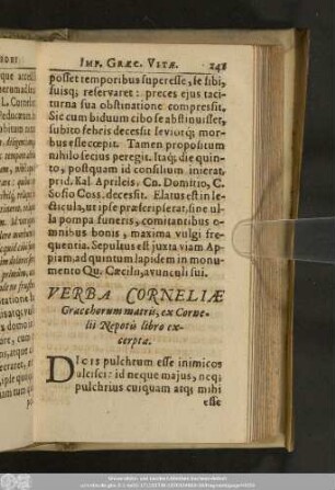 Verba Corneliae Gracchorum matris, ex Cornelii libro excerpta.