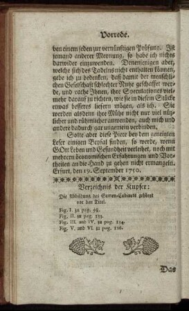 Verzeichnis der Kupfer: Die Abbildung des Samen-Cabinets gehöret vor den Titel.