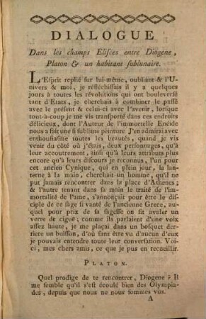 Dialogue Dans Les Champs Élisées, Entre Diogene, Platon Et Un Habitant Sublunaire
