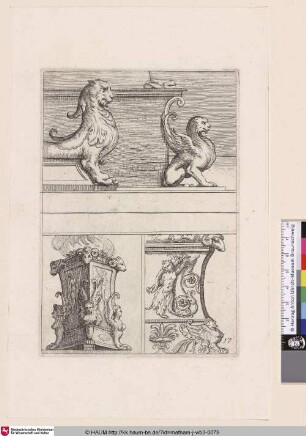[Zwei Ornamente mit einem Löwen und einem Greifen, ein Altar und der Sockel eines Kandelaber; Two ornaments with a lion and a griffin, an altar and the base of a candelabrum]