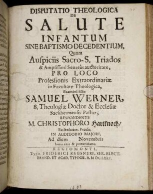 Disputatio Theologica De Salute Infantum Sine Baptismo Decedentium